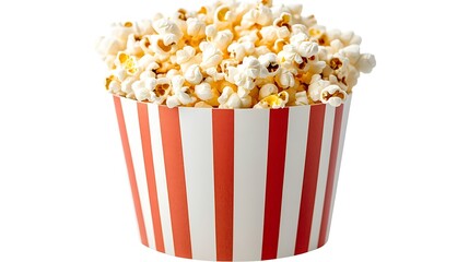 Close Up Shot Of Fresh Popcorn In Striped Bucket Isolated On White Background Delicious Cinema Snack For Movie Time