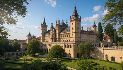 Fototapeta premium Majestic Castle Amidst Lush Gardens: A Sunlit Renaissance Architectural Masterpiece