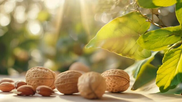 A bunch of nuts, including walnuts, are scattered on a table. The nuts are of different sizes and shapes, and they are all brown. The scene has a natural and rustic feel to it