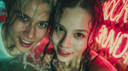 Naklejka premium Happy young couple enjoying a fun night at a vibrant pool party