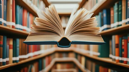Books floating in the air featuring bookshelves and surrealism concept. An open book floating in a library filled with colorful shelves.