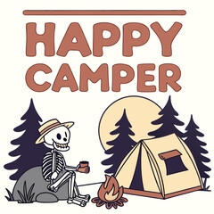 Happy Camper Skeleton Drinking Coffee Around Campfire With Tent And Trees Illustration