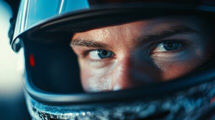 Racer with serious gaze wearing helmet and protective gear