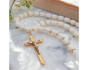 White Rosary on Marble (1)