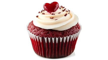 Delicious Red Velvet Cupcake Topped With Cream And Heart Decoration For Valentines Day Sweet Treat On A White Background Festive Dessert