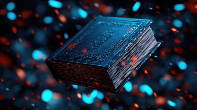 Books floating in the air with literature and library concept. A mystical floating book surrounded by glowing particles.