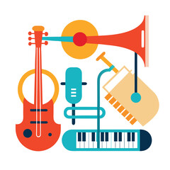 collection of musical instruments guitar and piano