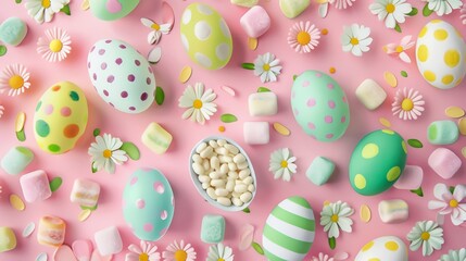 Pastel Easter Eggs with Flowers on Pink