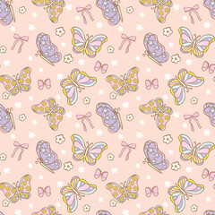 Cute Retro Pastel Spring Butterfly Flowers Seamless Pattern isolated on background