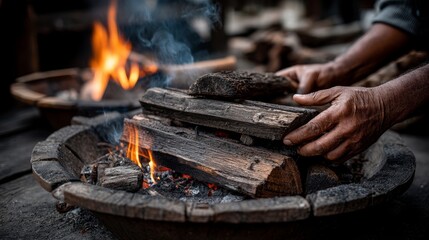 Hands Stacking Firewood in a Rustic Fireplace for a Cozy Fire