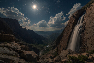 Obraz premium Waterfall mysteriously flowing upward into the night sky with luminous moonlight and twinkling stars above