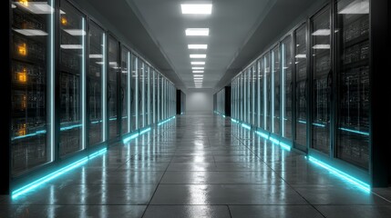 Obraz premium Futuristic Data Center Corridor with Neon Lighting Effects