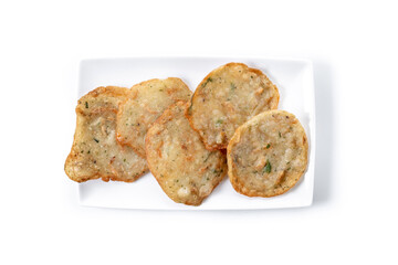 Tortillitas de camarones isolated on white background. Top view