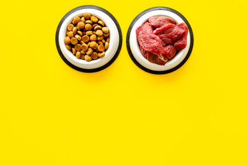 Pet food in bowls - meat and dry food, top view