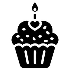 A simple silhouette cupcake icon with a candle and dotted sprinkles
