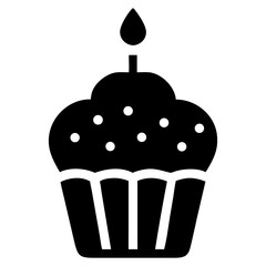 A simple silhouette cupcake icon with a candle and dotted sprinkles