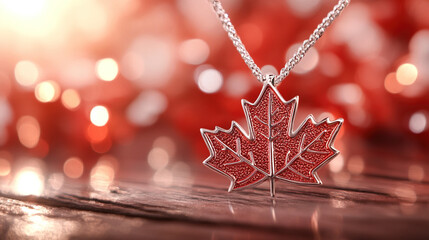Glowing maple leaf pendant on rustic wood, warm sunlight and soft bokeh, embodying Canadian pride and serenity.