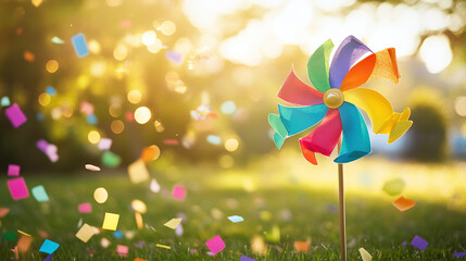 A rainbow pinwheel spins in a sunlit field with floating confetti, celebrating joy and childhood wonder on International Children's Day.
