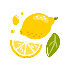 vibrant vector illustration, fresh lemon surrounded by beautiful slices and lush green leaves. The lively colors and detailed textures evoke a sense of freshness and zest, perfect for any design.
