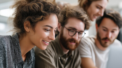 Fototapeta premium A group of diverse professionals collaborates in a modern tech workspace, sharing ideas and problem-solving. Their engaged expressions highlight teamwork, creativity, and innovation