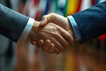 Business Handshake Against International Flags Background for Global Partnership Concept