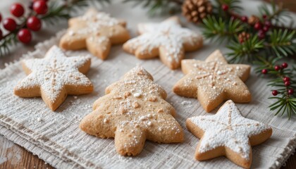 Festive Holiday Cookies Arranged on a Rustic Table With Greenery and Decorations