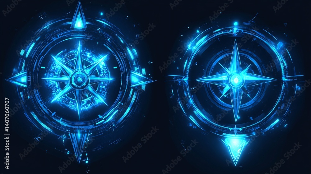 Aufkleber futuristic glowing blue compass showing navigation and direction