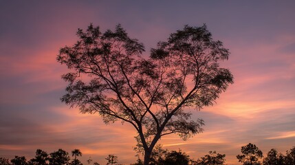 Heart-shaped tree silhouette standing against romantic sunset sky with warm golden tones and soft ambient light, shallow depth