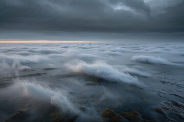 Obraz premium Glossy Silver Mist Flowing Over Dark Horizon with Textured Color Variations