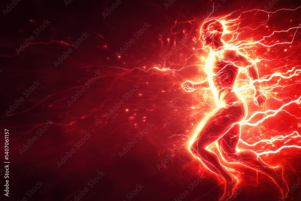 Poster dynamic figure running with stylized lightning on a vibrant red background