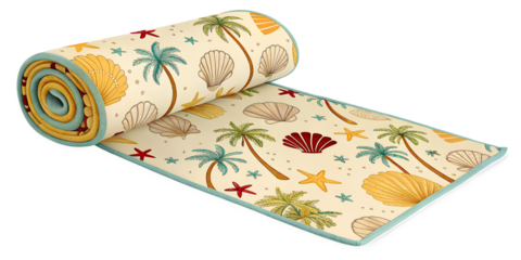 Colorful beach towel is rolled up, featuring vibrant seashell and palm tree patterns. This summer essential is perfect for lounging on sandy shores or enjoying seaside picnics.PNG transparent