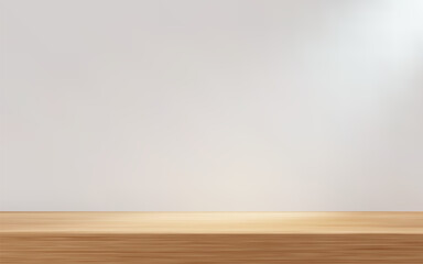 3d white wall room scene with wooden counter and natural lighting. Product presentation template