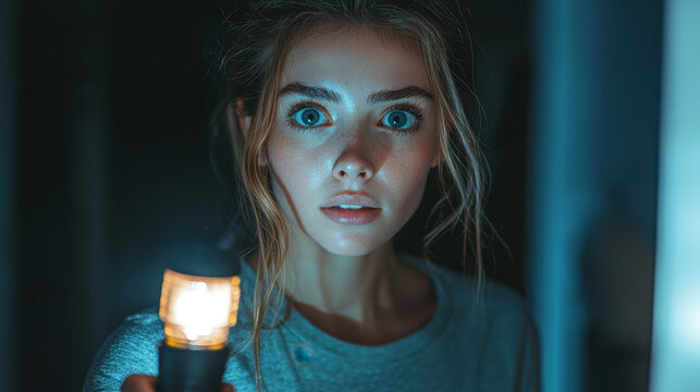 Determined woman with flashlight in blackout apartment amid cyberattack scenario