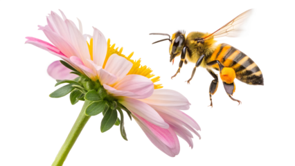 In a vibrant display of nature, a bee hovers near a pastel pink flower on a warm summer day. The insect is focused on the bright yellow center, illustrating the crucial pollination PNG transparent