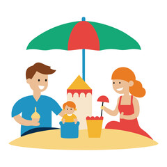 family enjoying ice cream under a beach umbrella