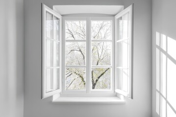 Fototapeta premium White open window with minimalist interior design and bright daylight