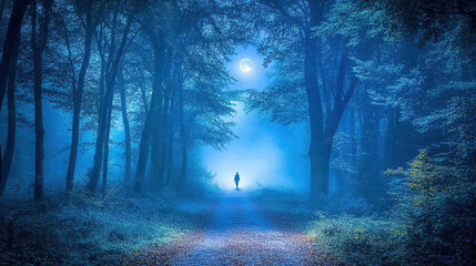 A lone figure emerges from the mist along a shadowed forest path, evoking mystery and solitude under the moonlight.