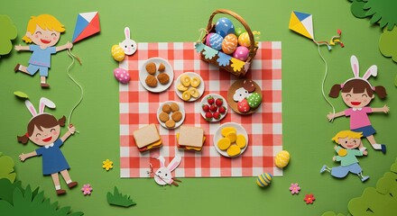 Easter Picnic Outdoor Paper Cut Style Family Illustration