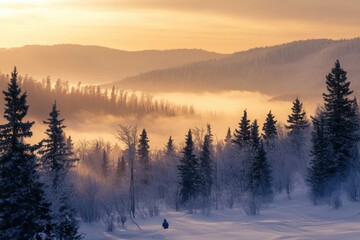 Fototapeta premium Winter mountain landscape snow covered slopes misty valleys