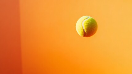 Tennis ball in sharp focus flying over a warm gradient of orange and yellow