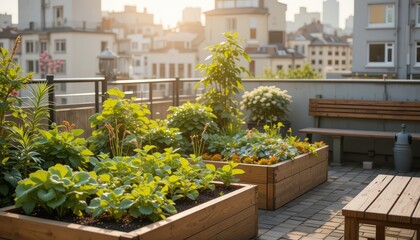 Urban Rooftop Garden Showcasing Vibrant Plants and Flowers in Late Afternoon Sunlight