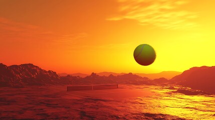 Obraz premium A vivid tennis ball soaring through glowing hues of red and orange during sunset