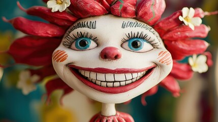 Handmade creepy clown doll face close-up.  Vibrant colors, detailed features