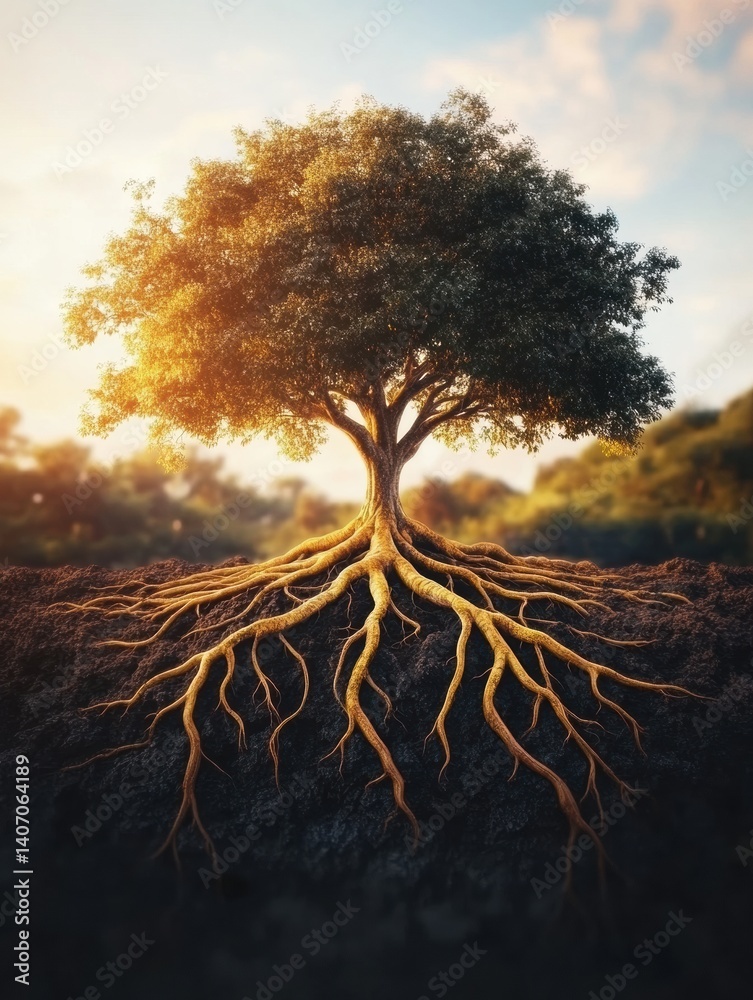 Leinwandbilder Tree roots resembling a neural network symbolize organic intelligence in a serene natural setting during golden hour light