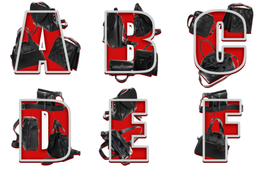 Designer decoration of letters A B C D E F with bags.