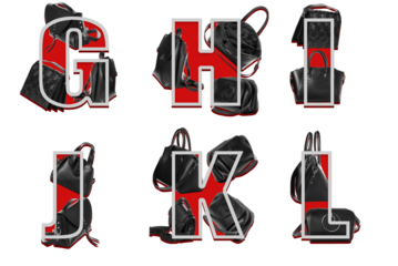 Designer decoration of letters g h i j k l with bags.