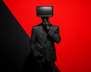 TV Head Man with Red Black Background.