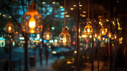 Obraz premium Elegant Hanging Lights Reflection in Urban Evening Setting