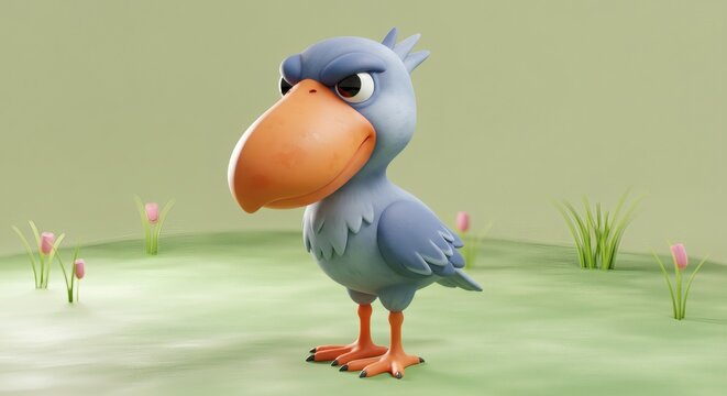 Stylized Shoebill Stork Cartoon Character Illustration on a Grass Field