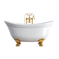 Elegant white bathtub with golden faucet and legs. Concept of luxury bathroom, relaxation, and home decor.